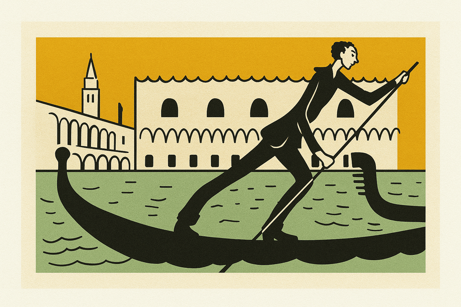 Stylized Venetian illustration showing a gondola near the Doge’s Palace and historic prison area, symbolizing liberty, protection, and advocacy in detention-related immigration matters