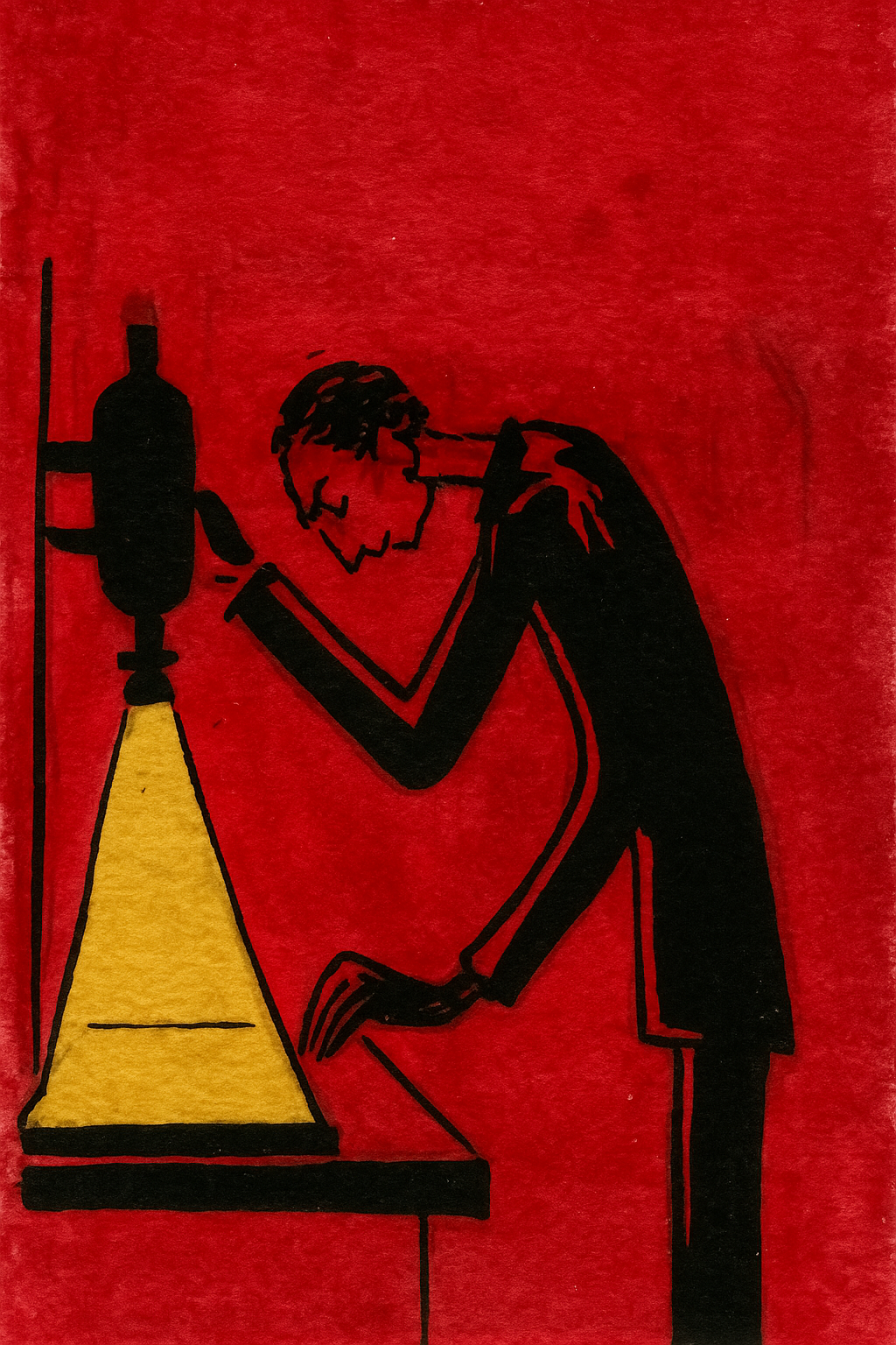 Black silhouette of a researcher examining evidence under a red background, symbolizing detailed investigation, analysis, and careful work with records