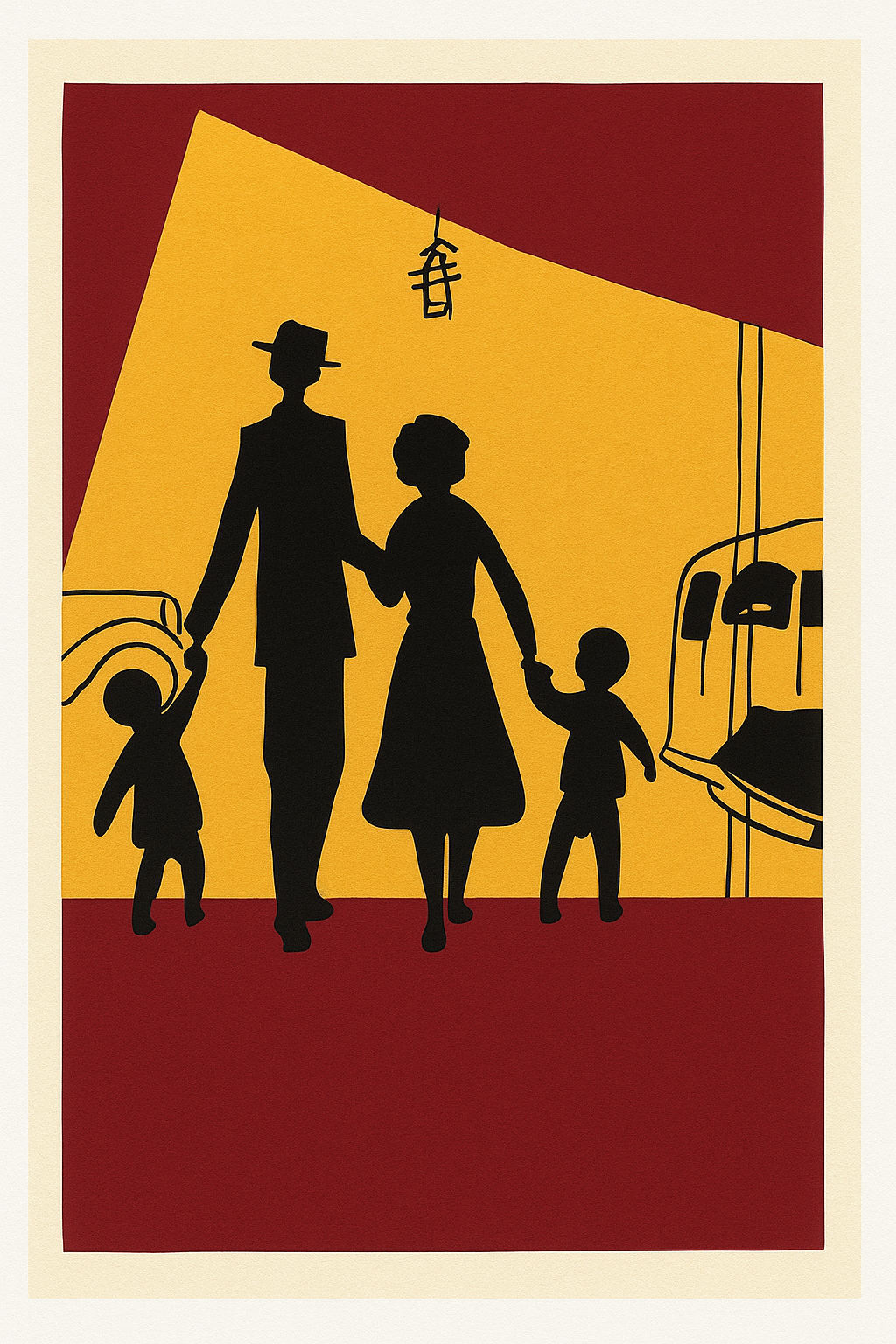 Pop-art style illustration of a family walking together, symbolizing protection, lawful immigration status, stability, and pursuit of the American dream