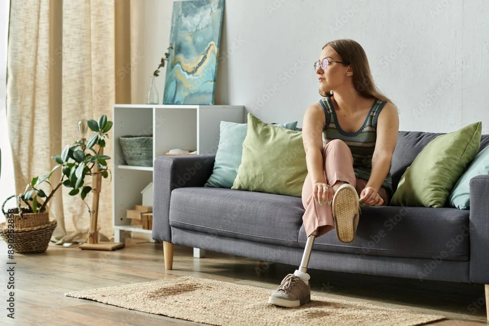 A girl with a prosthetic leg sitting on a couch in a lounge room