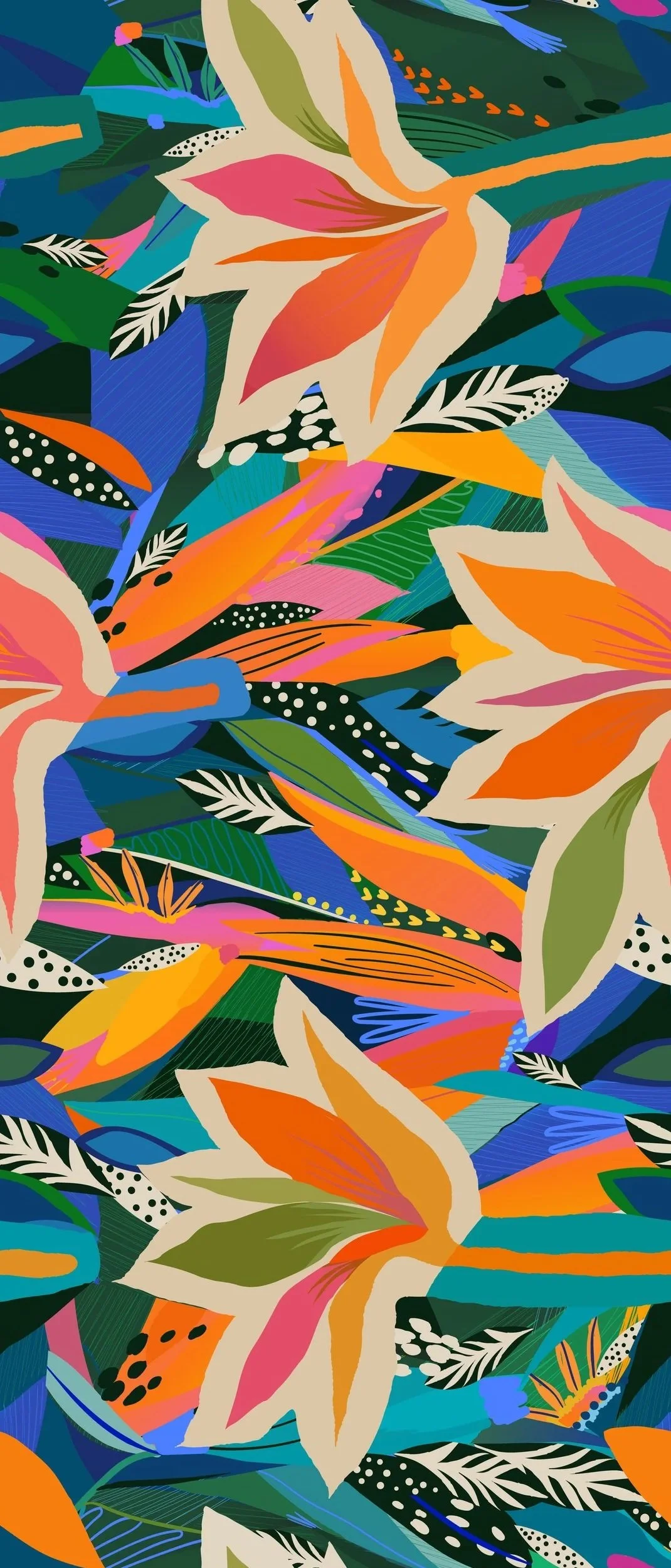 Bold, colorful abstract floral pattern with large white and orange lilies, along with various stylized leaves in shades of blue, green, black, pink, and yellow.