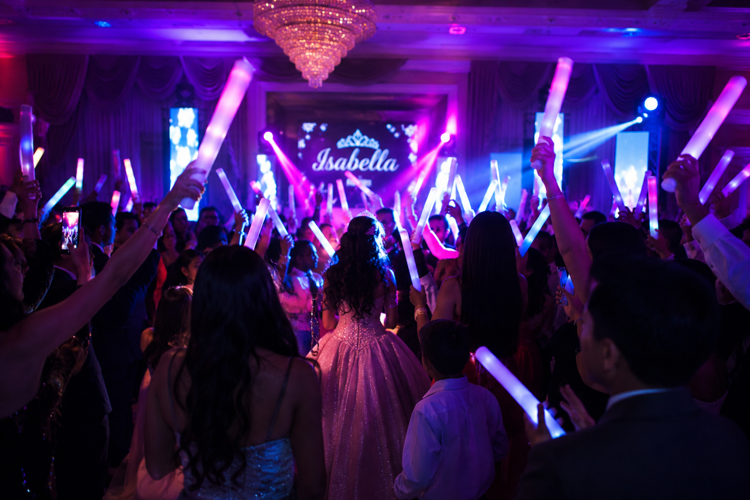 Crowd at a party holding glow sticks and taking photos with phones, with a large screen displaying the name 'Isabella' and a chandelier hanging from the ceiling, illuminated with purple and pink lighting.