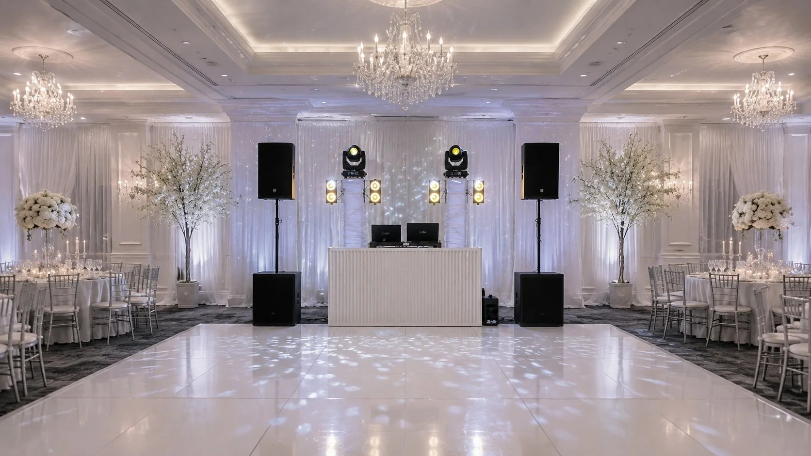 Elegant wedding reception with a dance floor in the center, surrounded by round tables with white tablecloths, floral centerpieces, and chairs. There are two large chandeliers hanging from the ceiling, and decorative trees with white blossoms on either side of a DJ booth with lighting equipment. The overall color scheme is white and silver.