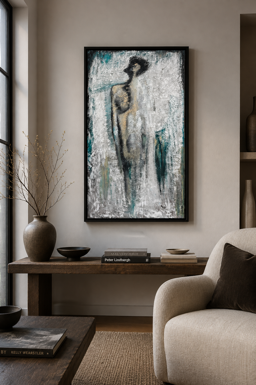 Abstract painting by Sopiko Grigolashvili depicting a female figure displayed in a contemporary living room with a beige sofa and natural light.
