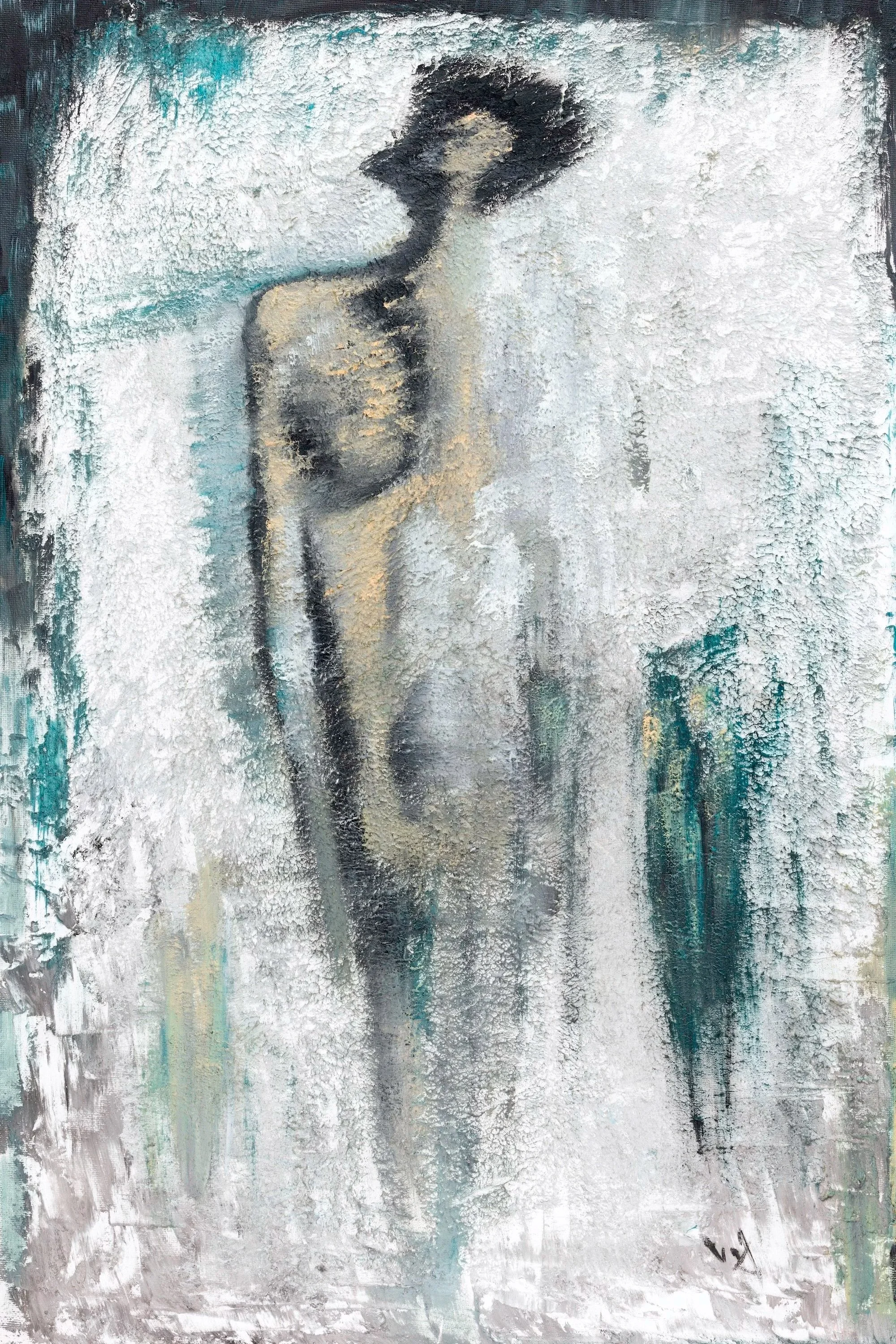 Still Becoming — textured mixed-media painting by Sopiko Grigolashvili featuring a blurred female figure in white, gray, teal, and beige.