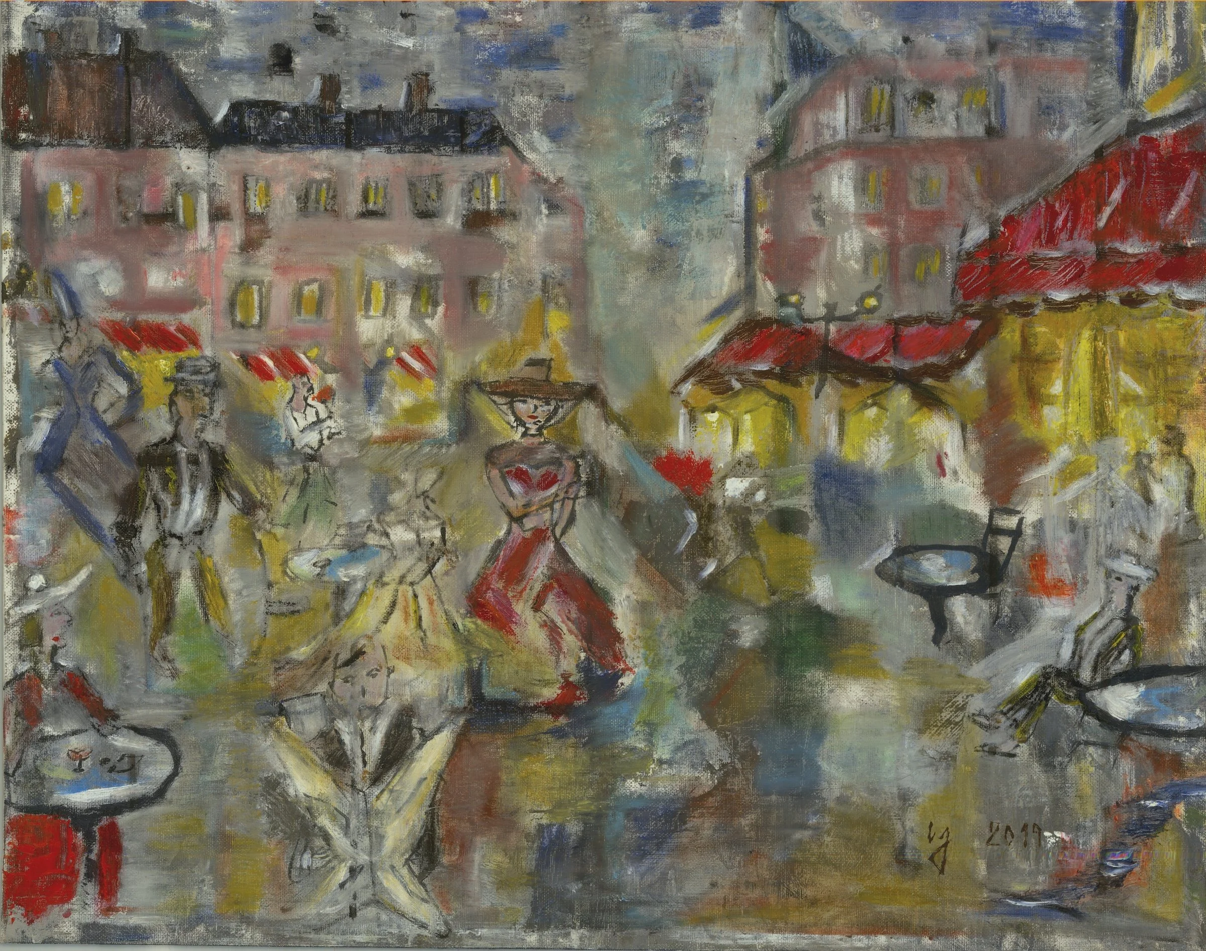 City Nights — oil painting by Sopiko Grigolashvili depicting a Parisian-inspired urban street scene with figures, cafés, and colorful architecture.