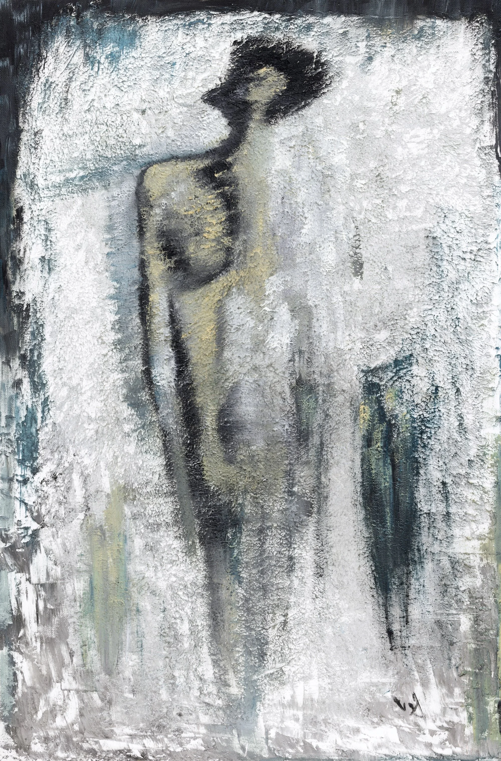 Still Becoming — mixed-media painting by Sopiko Grigolashvili depicting a female figure in an abstract, textured composition.