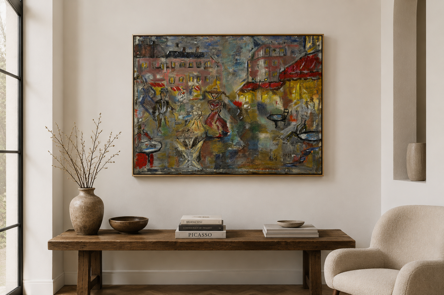 City Nights — interior view of an original painting by Sopiko Grigolashvili displayed in a contemporary living space.