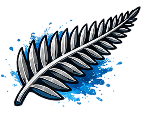 Illustration of a black and white fern leaf with blue paint splatter background.