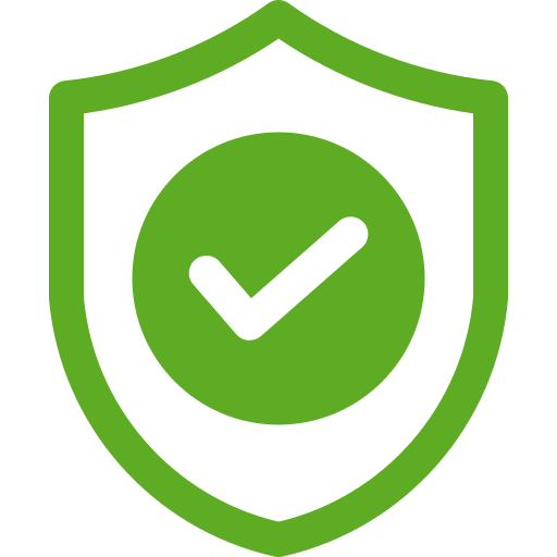 Green shield with a checkmark inside a circle in the center.