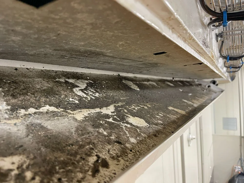 A dirty, greasy kitchen or industrial sink with grime and residue, and some hanging dishwashing baskets at the top.