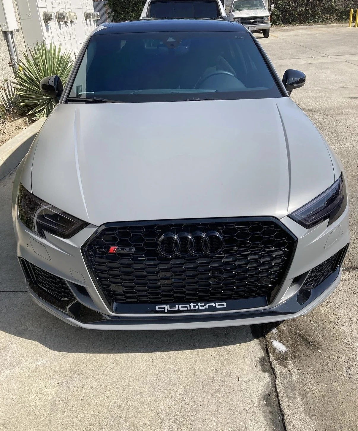 Front view of a silver Audi S5 with black grille and Audi logo, parked on a concrete surface with a plant and other vehicles in the background.