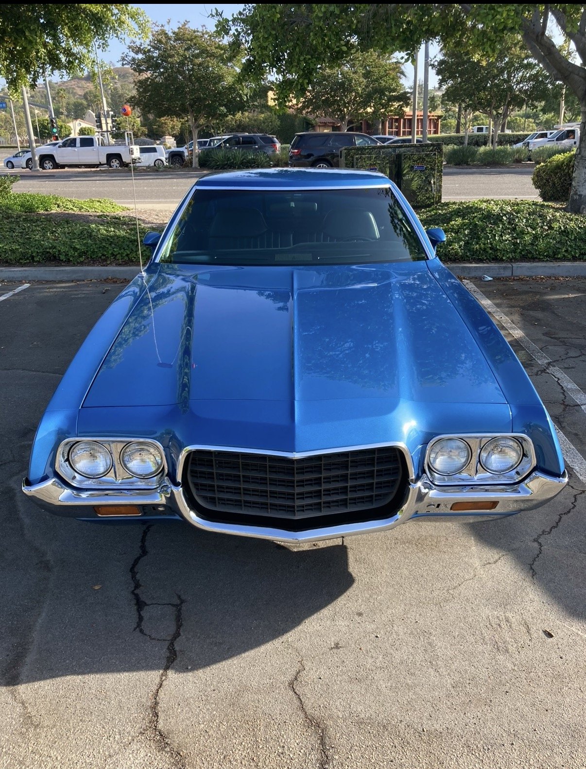 Front view of a classic blue Chevrolet Corvette with quad headlights and chrome bumper parked in a lot with trees and other vehicles in the background.