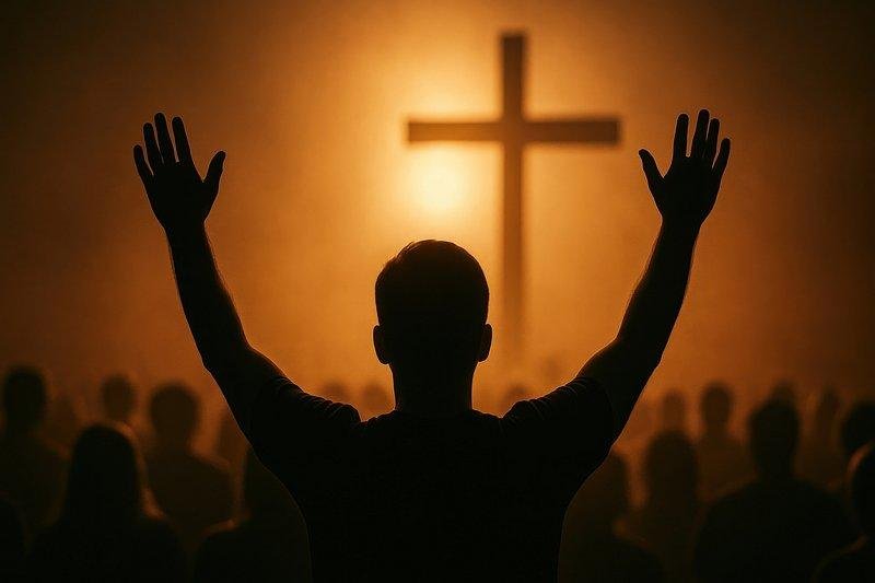 Person with arms raised in front of a cross during a religious gathering or worship service at a church.