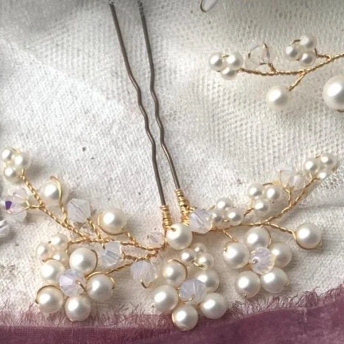 White Opal & Frosted Pearl Hair Pins (Large Pin)
