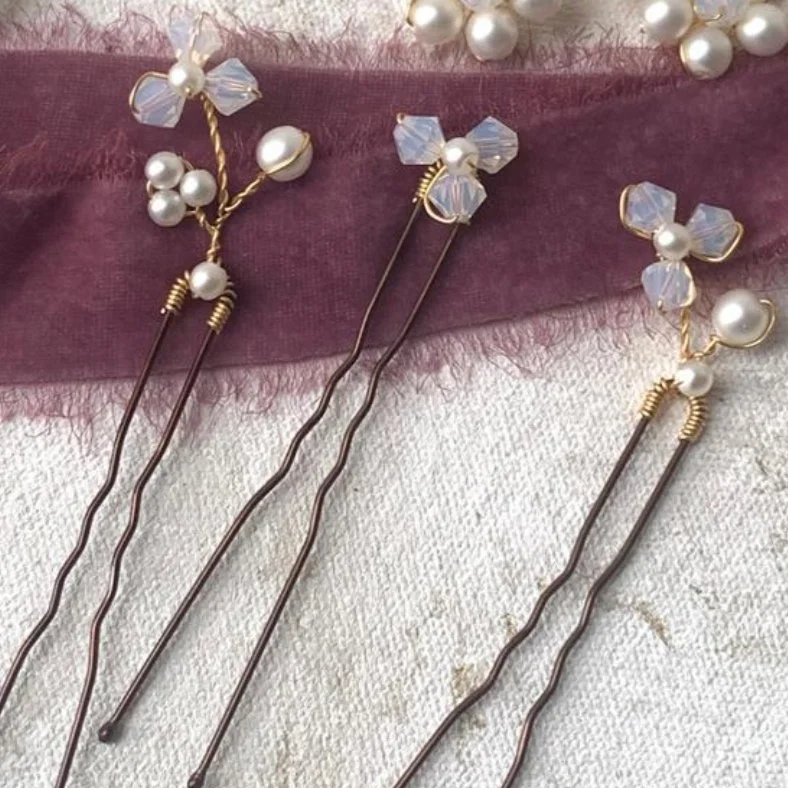 White Opal & Frosted Pearl Hair Pins (Small Pins)