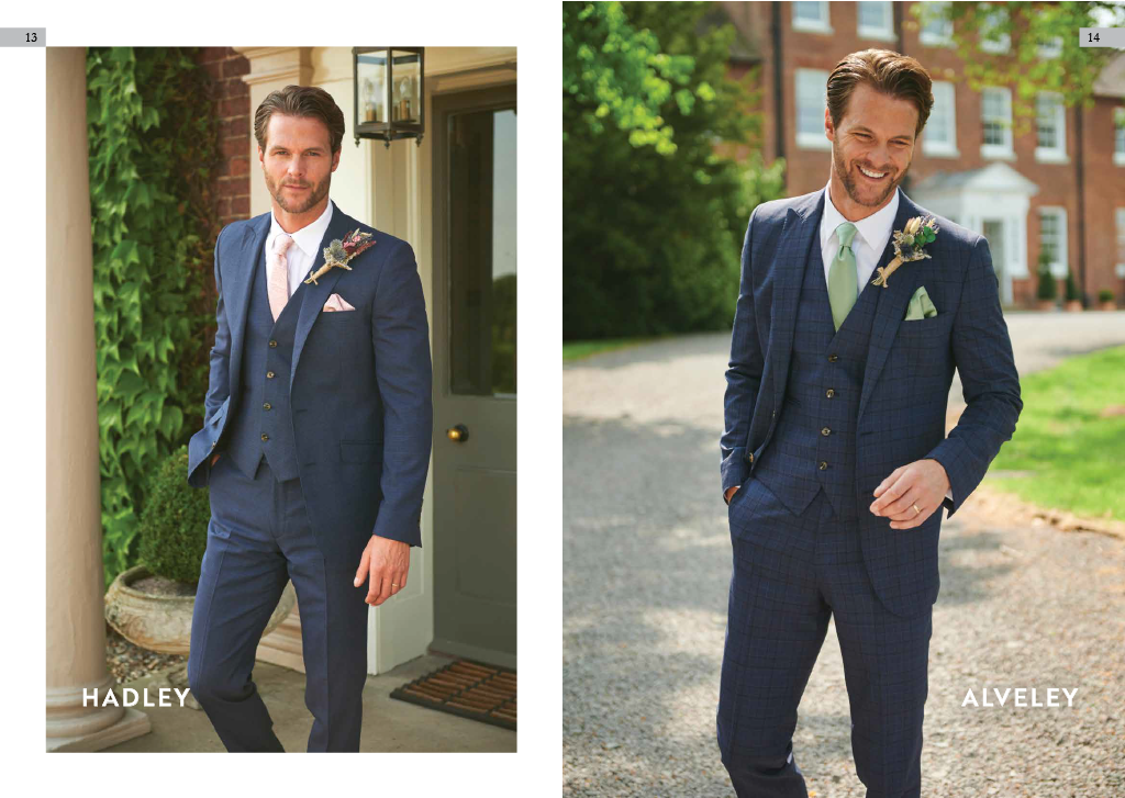 Side-by-side photos of two men dressed in blue suits with boutonnieres, standing outdoors in daylight. The man on the left has dark hair and a beard, standing at a doorway. The man on the right has light brown hair and is smiling on a gravel path wit
