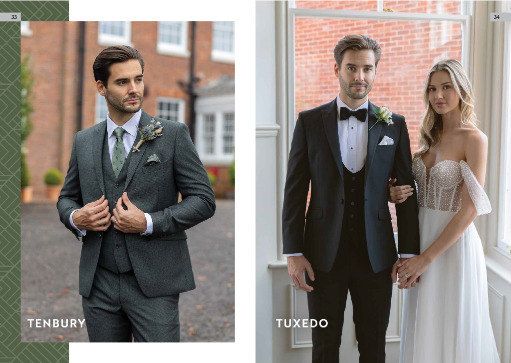 Side-by-side images of groom and bride in wedding attire. The groom wears a tuxedo, and the bride wears a white wedding dress, inside a bright room with a window and brick wall background.