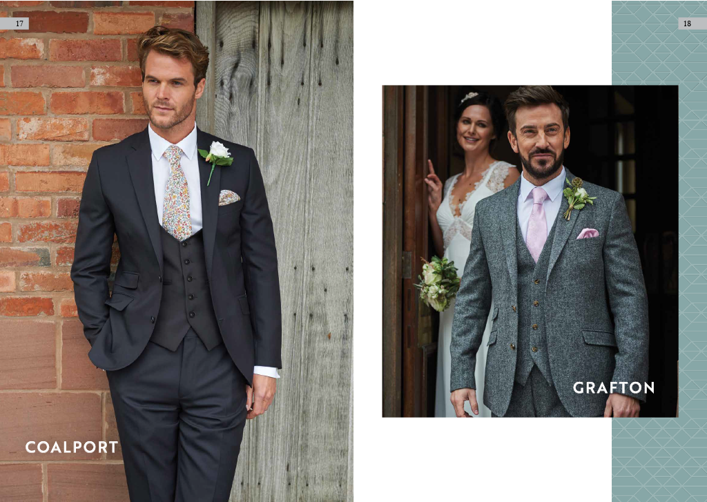 Two men in suits and a woman in a wedding dress, likely at a wedding or formal event.