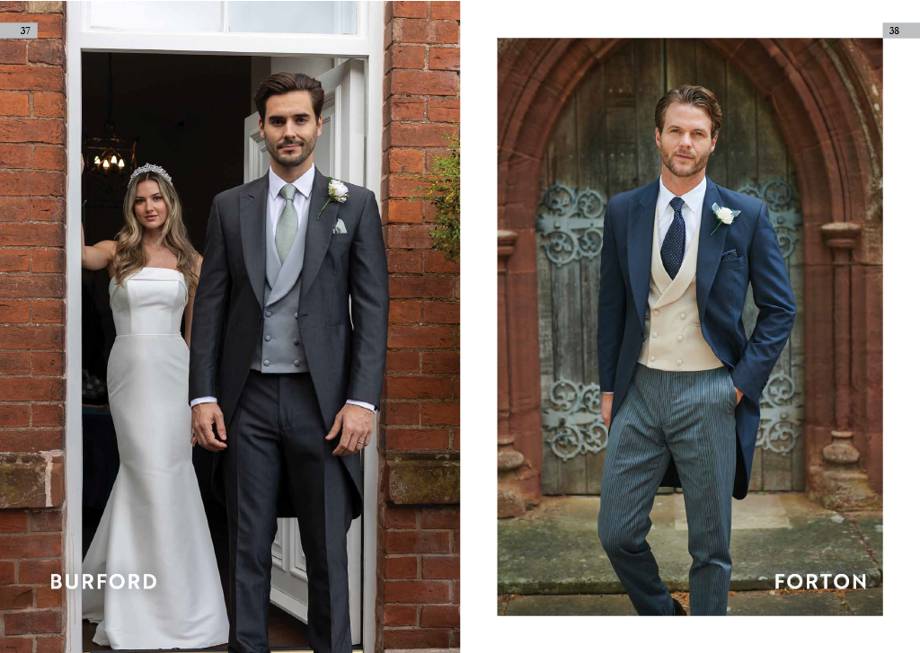 Two men in wedding suits and a woman in a wedding dress, standing in front of a brick building and doorway.