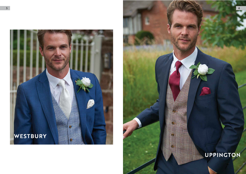 Two men in suits with boutonnières, standing outdoors in garden settings, one on the left and one on the right.