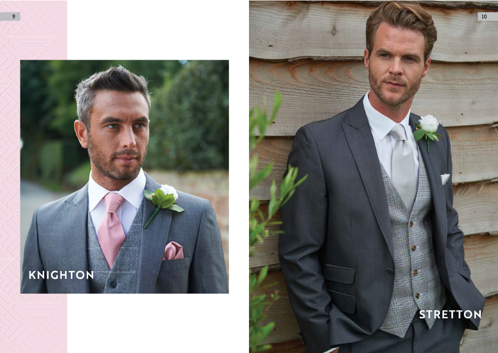 Two men in suits and ties posing for photographs outdoors, with decorative boutonnières on their lapels, one with a pink tie and the other with a gray patterned vest and a white pocket square.