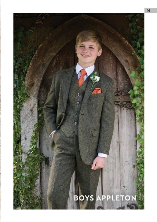A young boy in a suit standing in front of an arched wooden door with greenery around it.