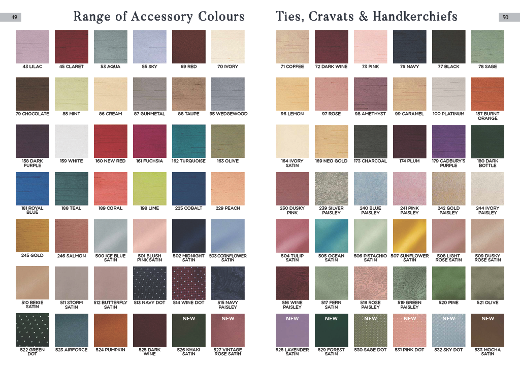 Color chart featuring accessory colors and fabric patterns, including shades of purple, red, blue, beige, pink, green, and gray. Sections labeled 'Range of Accessory Colours' and 'Ties, Cravats & Handkerchiefs' with swatches of different fabric patte