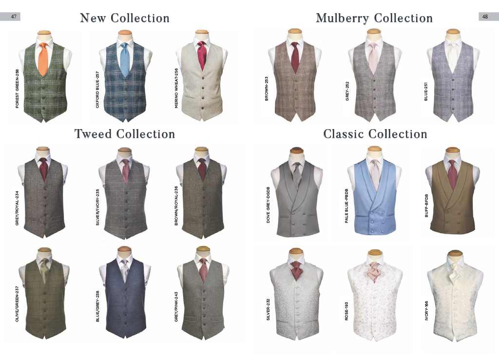 Display of men's vests categorized into collections. The New Collection features four vests in green plaid, blue plaid, beige with red, and light blue plaid. The Mulberry Collection has three vests in brown, gray, and blue plaid. The Tweed Collection