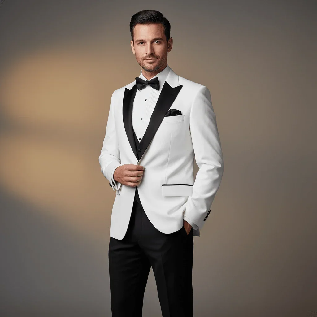  Crafted from luxurious white wool, this sophisticated dinner jacket offers a timeless take on formal elegance. Contrasting black satin peak lapels, a classic two-button fastening, and side vents create a sharp, refined silhouette. Flap pockets finis