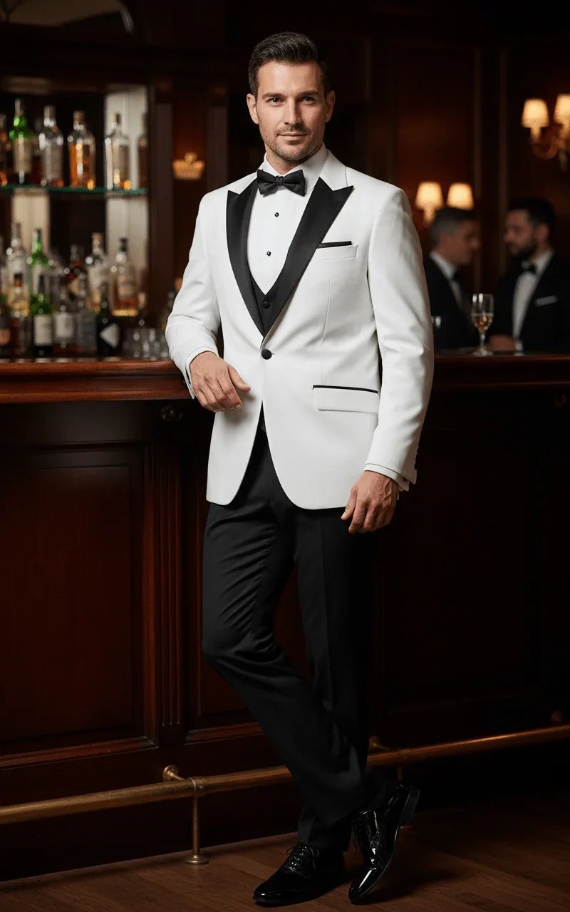  Crafted from luxurious white wool, this sophisticated dinner jacket offers a timeless take on formal elegance. Contrasting black satin peak lapels, a classic two-button fastening, and side vents create a sharp, refined silhouette. Flap pockets finis
