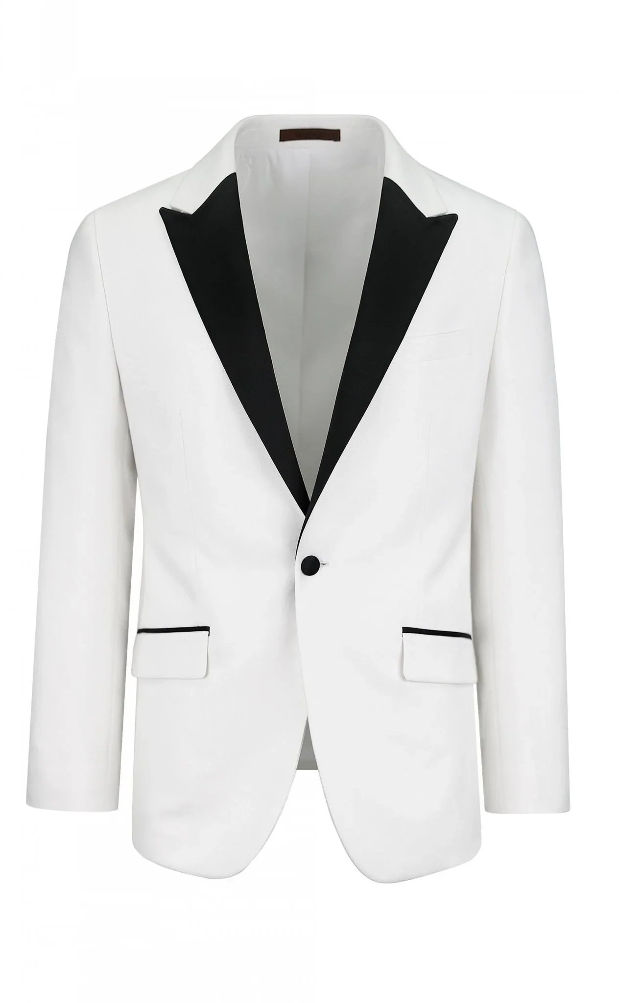  Crafted from luxurious white wool, this sophisticated dinner jacket offers a timeless take on formal elegance. Contrasting black satin peak lapels, a classic two-button fastening, and side vents create a sharp, refined silhouette. Flap pockets finis