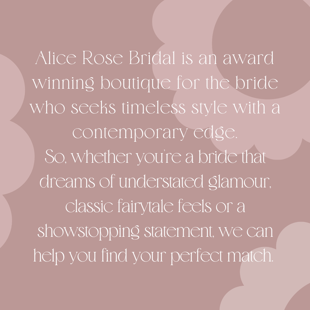 Text on a pink background with large, semi-transparent pink circles. The text describes Alice Rose Bridal as an award-winning boutique for brides seeking timeless, modern, or classic styles, offering help to find the perfect wedding dress.