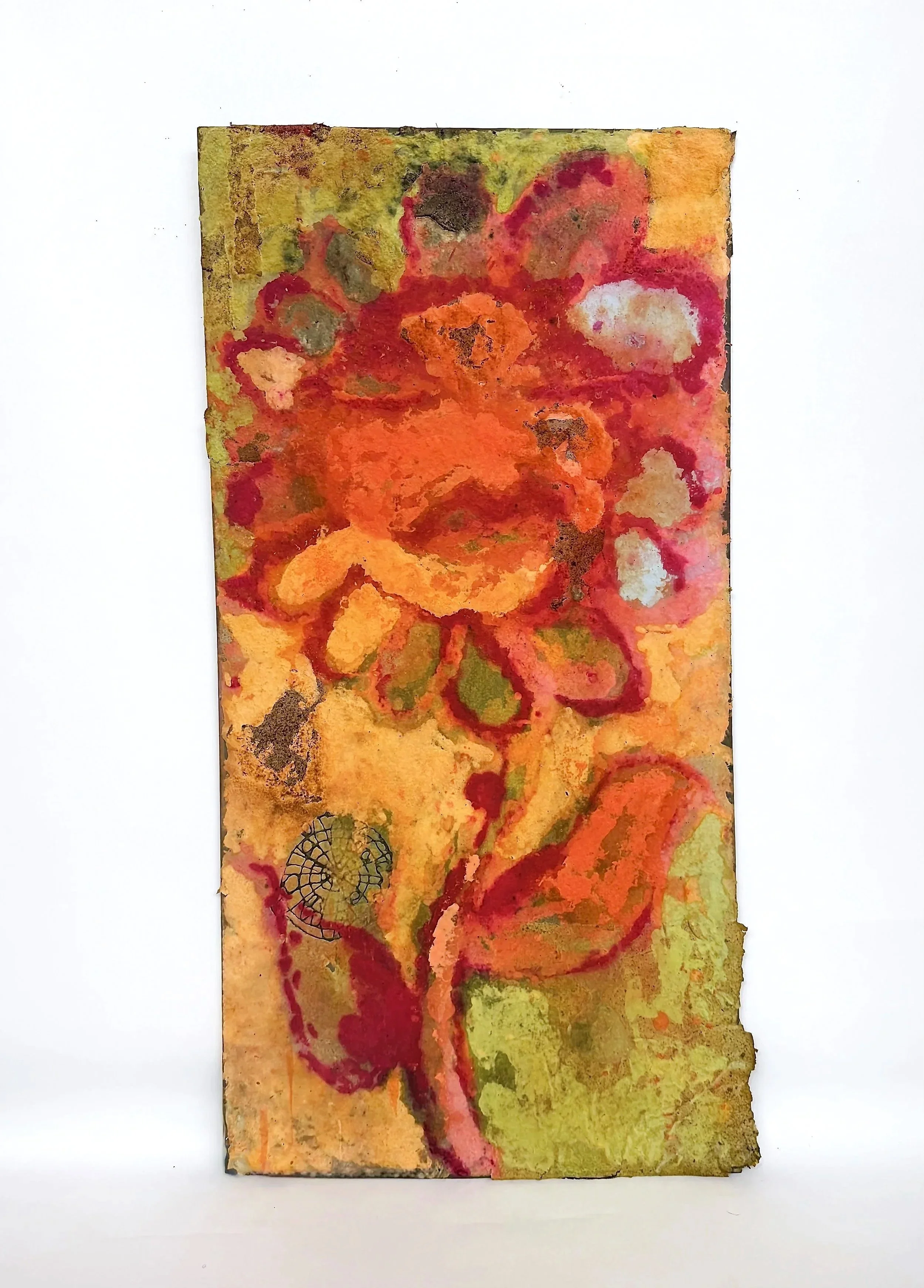 Photosynthesize, 2026. Acrylic in handmade paper, oak leaf handmade paper inclusions
24"x48"