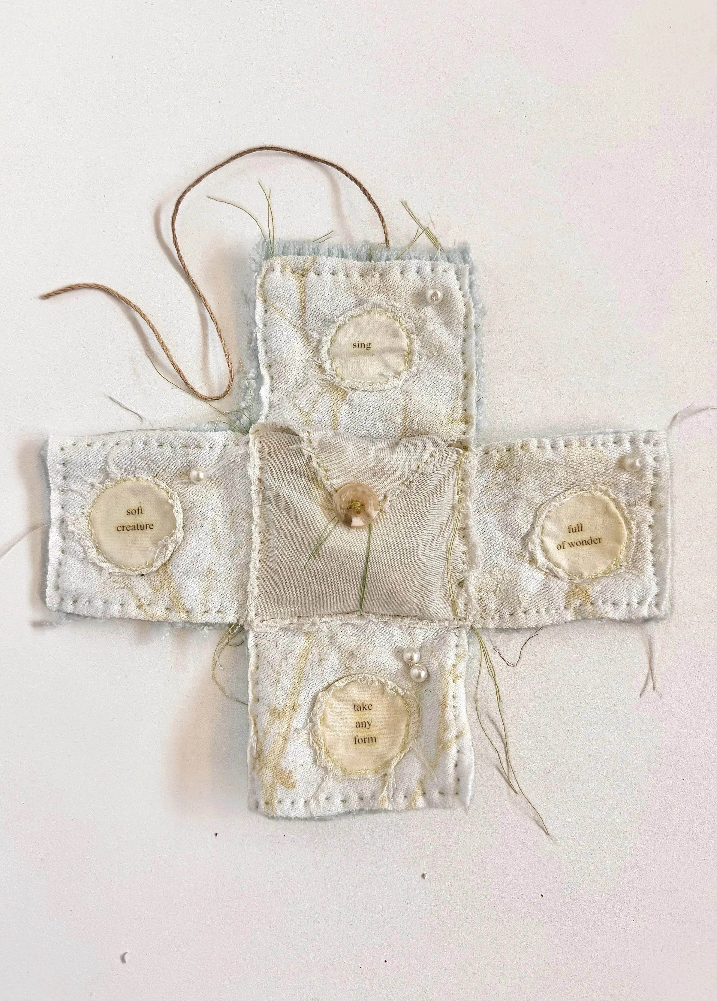 Pocket Shrine, 2025. Heat transfer vinyl on hand-sewn recycled fabric
8"x8"
