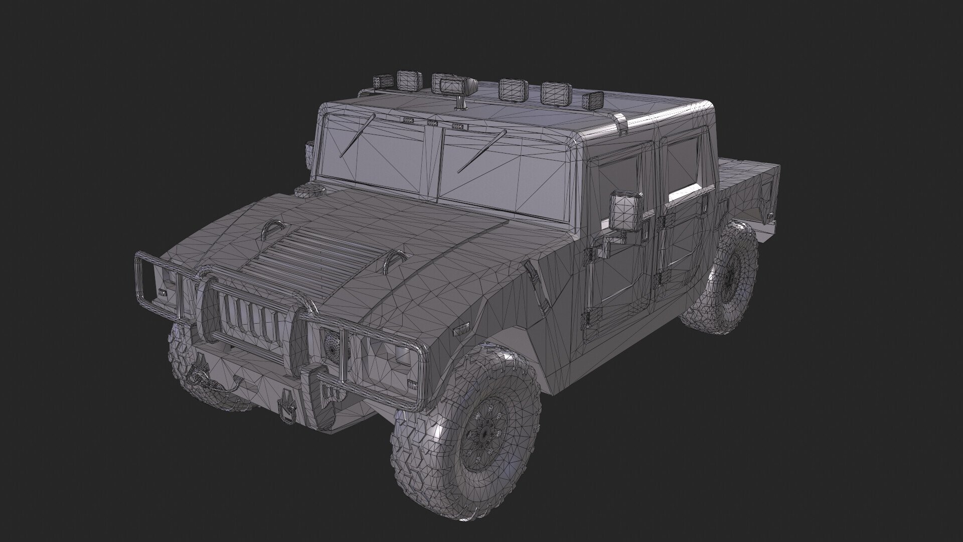 Wireframe 3D model of a military-style pickup truck with a boxy cab, large wheels, and a cargo bed, set against a dark background.