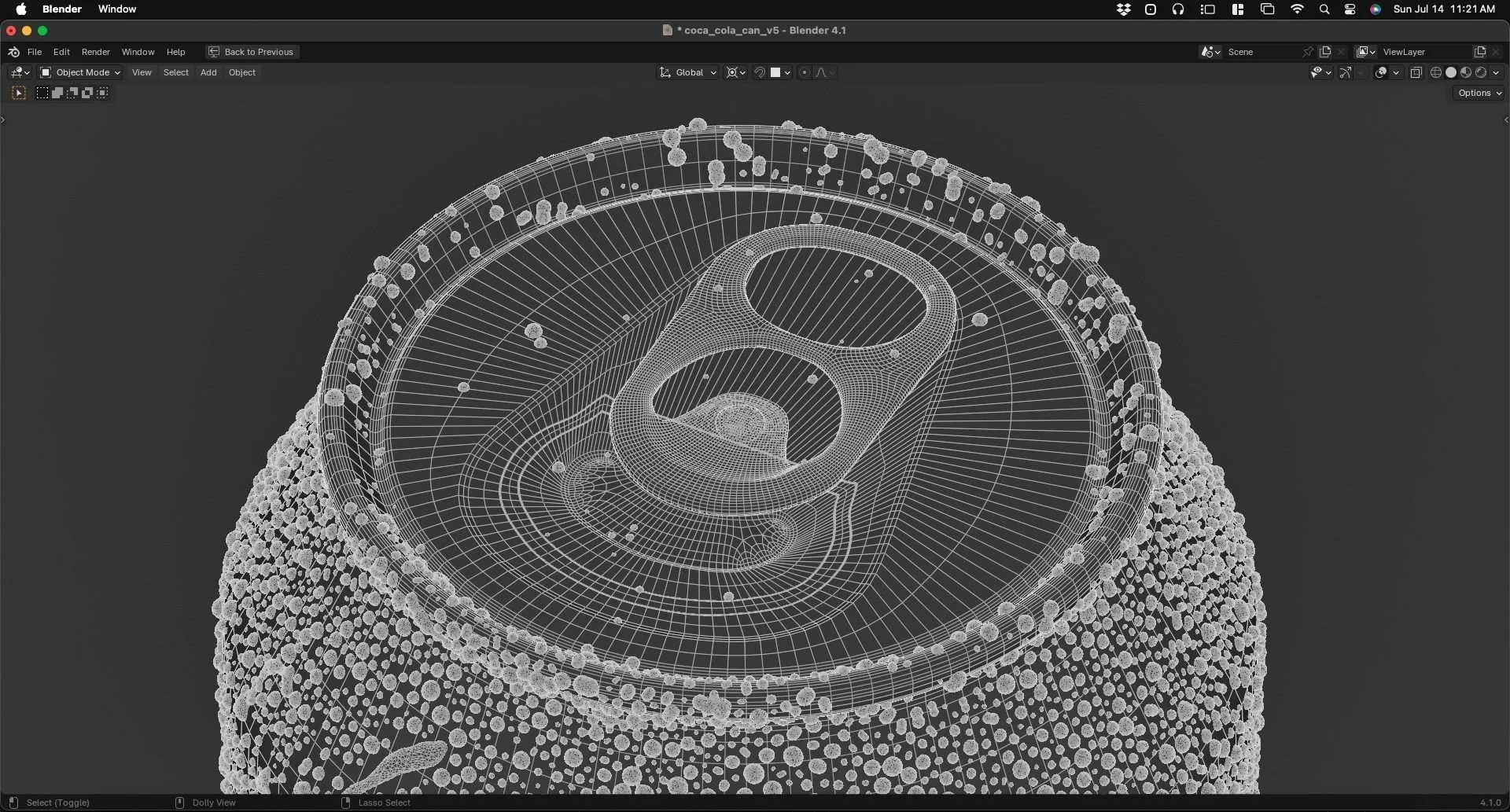 Wireframe 3D model of a soda can with a pull-tab opening on top, surrounded by numerous small particles.