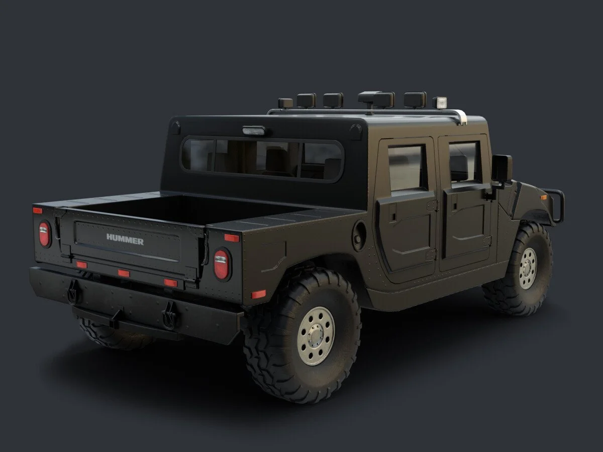 A black four-door pickup truck with four roof-mounted lights and large off-road tires, photographed in a studio setting against a dark background.