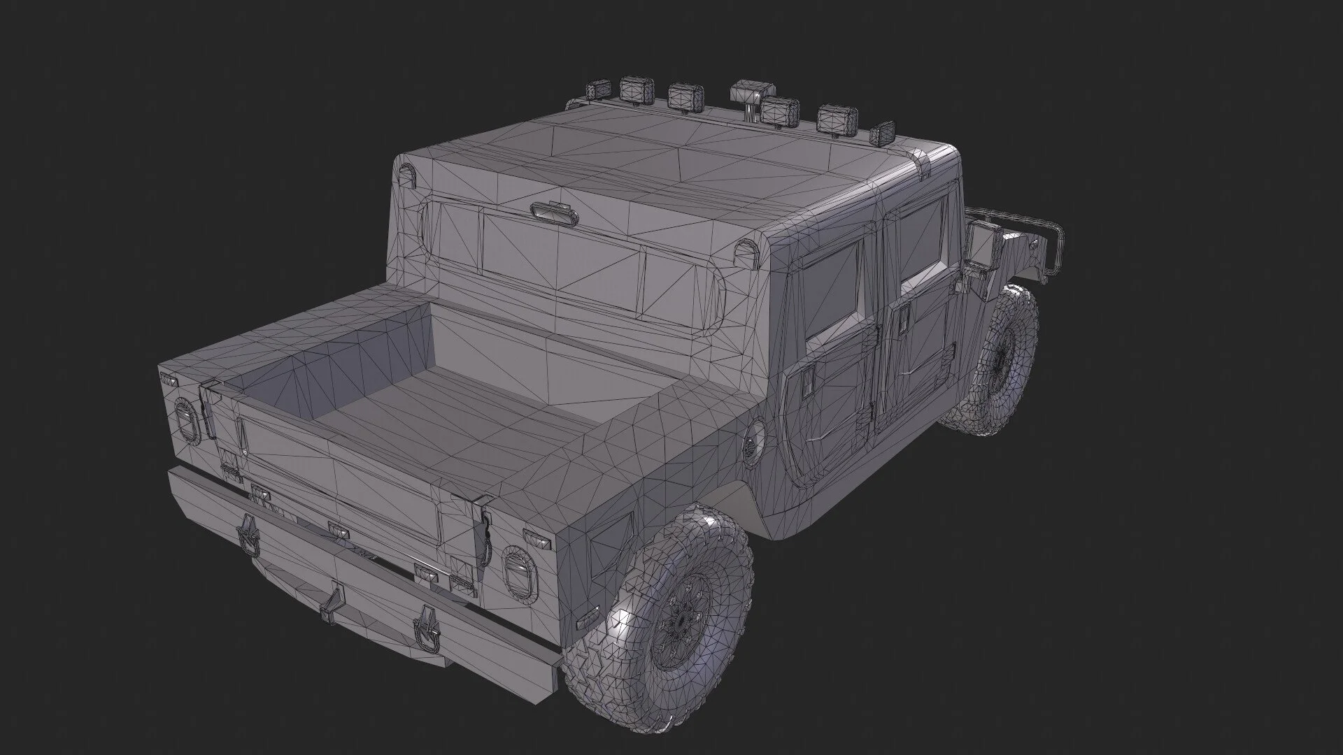 Wireframe 3D model of a pickup truck viewed from the rear and slightly to the side against a dark background.