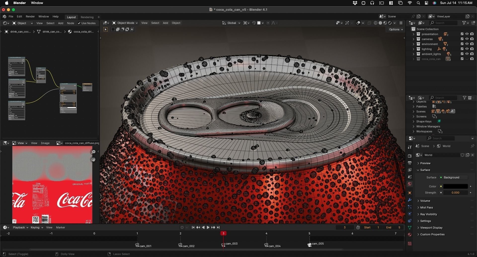 A 3D model of a Coca-Cola soda can created in Blender, showing the wireframe overlay and textured surface, with black dots representing the points used in the 3D mesh.