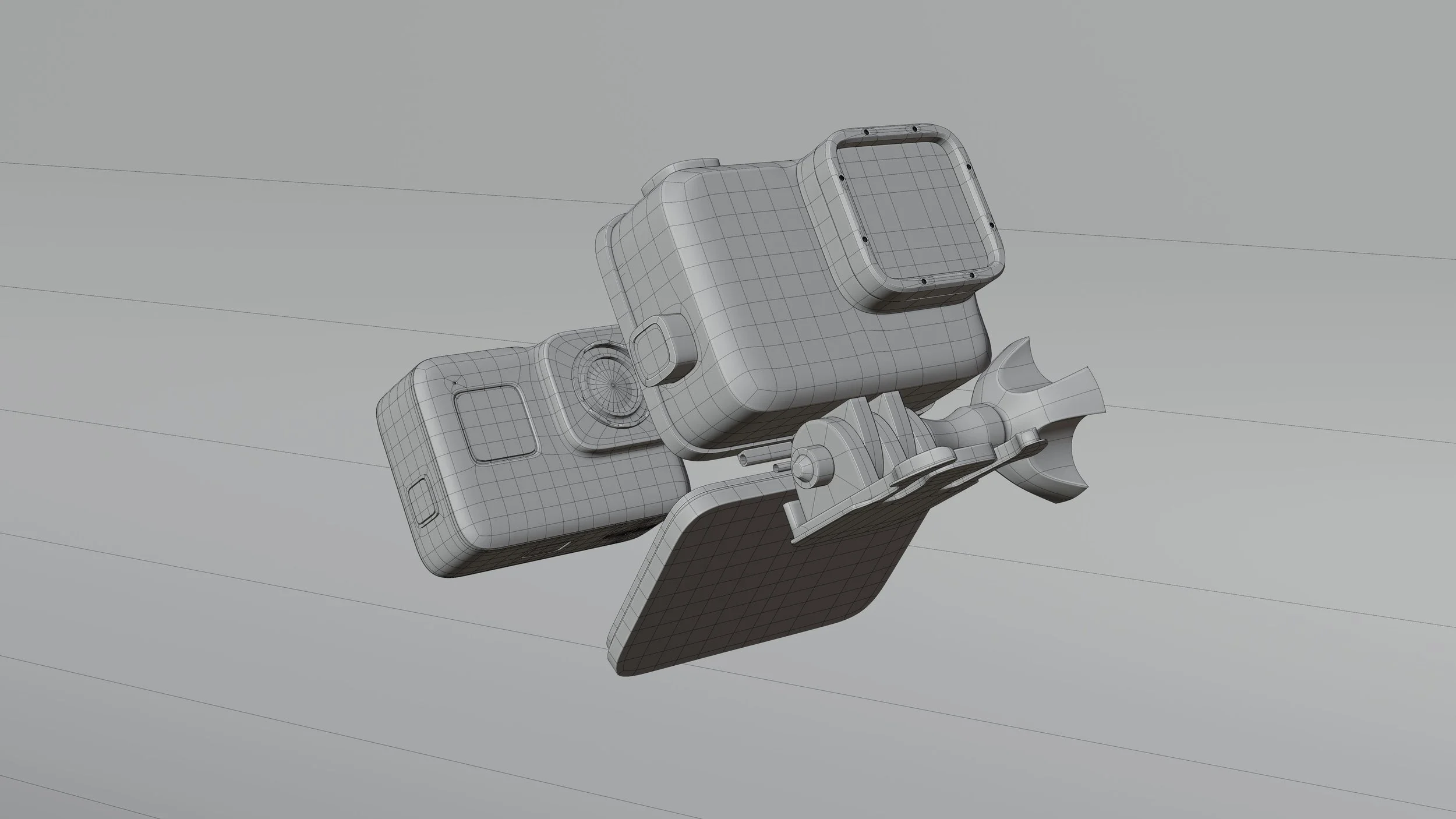 3D wireframe model of a handheld stabilized camera or gimbal with a mounted action camera.