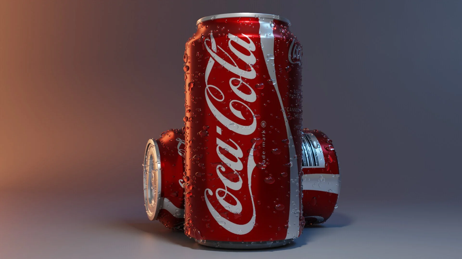 A red Coca-Cola soda can with water droplets, placed against a gradient background with warm tones on the left and cool tones on the right.