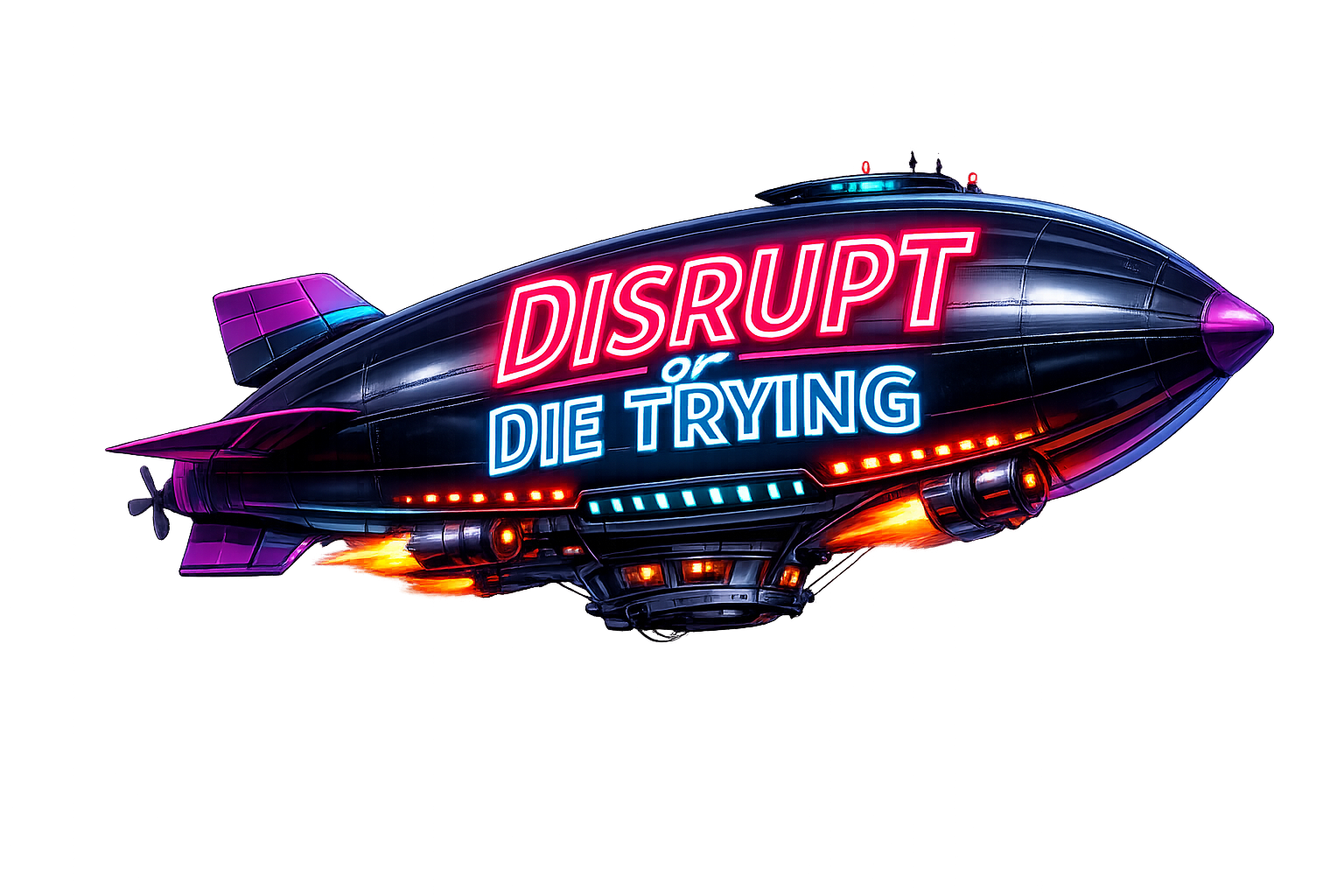 A neon sign in the shape of a spaceship with the words "Disrupt or Die Trying" illuminated in bright red, blue, and pink colors against a dark background.