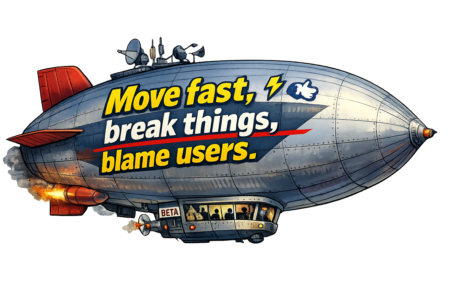 A digitally illustrated airship with a metallic silver body flying in the sky. Large text on the side reads, 'Move fast, break things, blame users,' with 'Move fast,' and 'blame users.' in yellow, and 'break things,' in white, and 'blame users.' in y