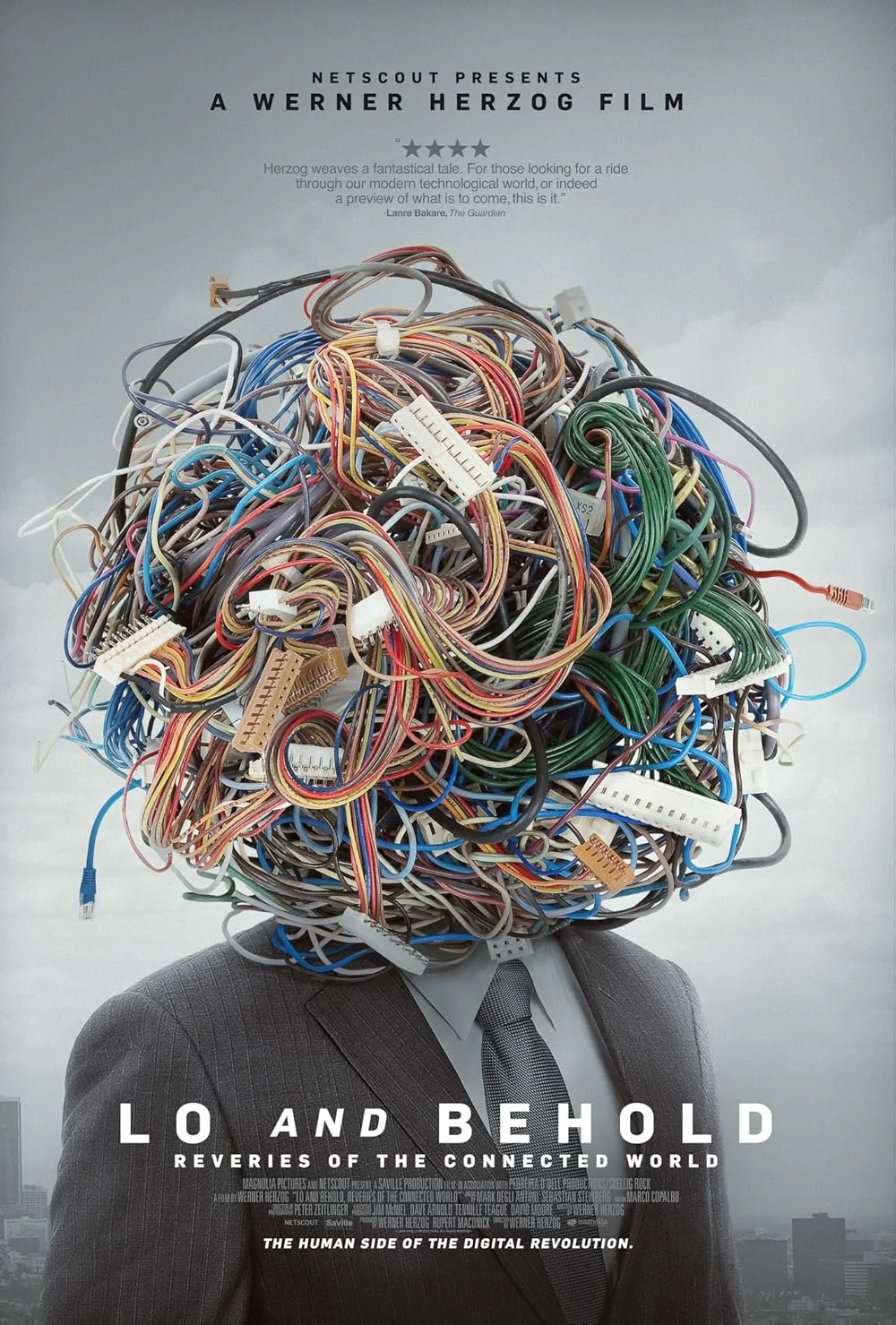 Movie poster for 'Lo and Behold: Reveries of the Connected World' featuring a person in a suit with their head replaced by a tangled mass of colorful wires and cables.