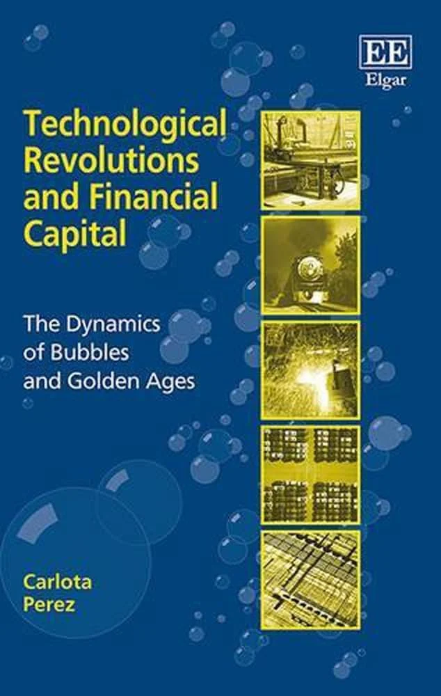 Cover of a book titled 'Technological Revolutions and Financial Capital: The Dynamics of Bubbles and Golden Ages' by Carlota Perez. The cover features a blue background with floating bubbles and five yellow-tinted photographs depicting industrial and technological scenes, stacked vertically on the right side. The publisher's logo, 'EE Elgar,' is in the top right corner.