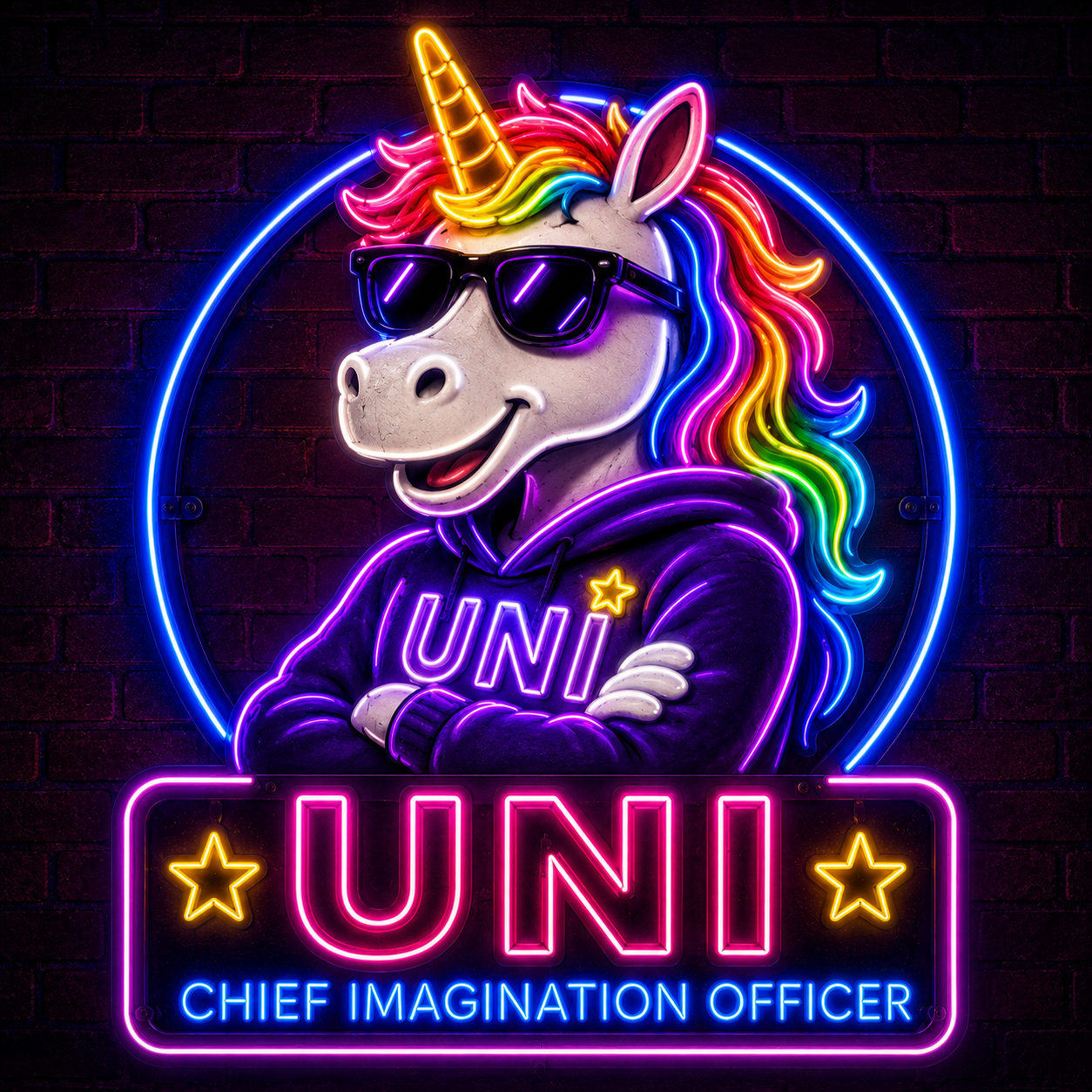 Neon sign of a unicorn wearing sunglasses with rainbow-colored hair, crossed arms, and a hoodie with 'UNi' written on it. The sign includes the text 'UNi' with stars and 'CHIEF IMAGINATION OFFICER' at the bottom, against a dark brick wall background.
