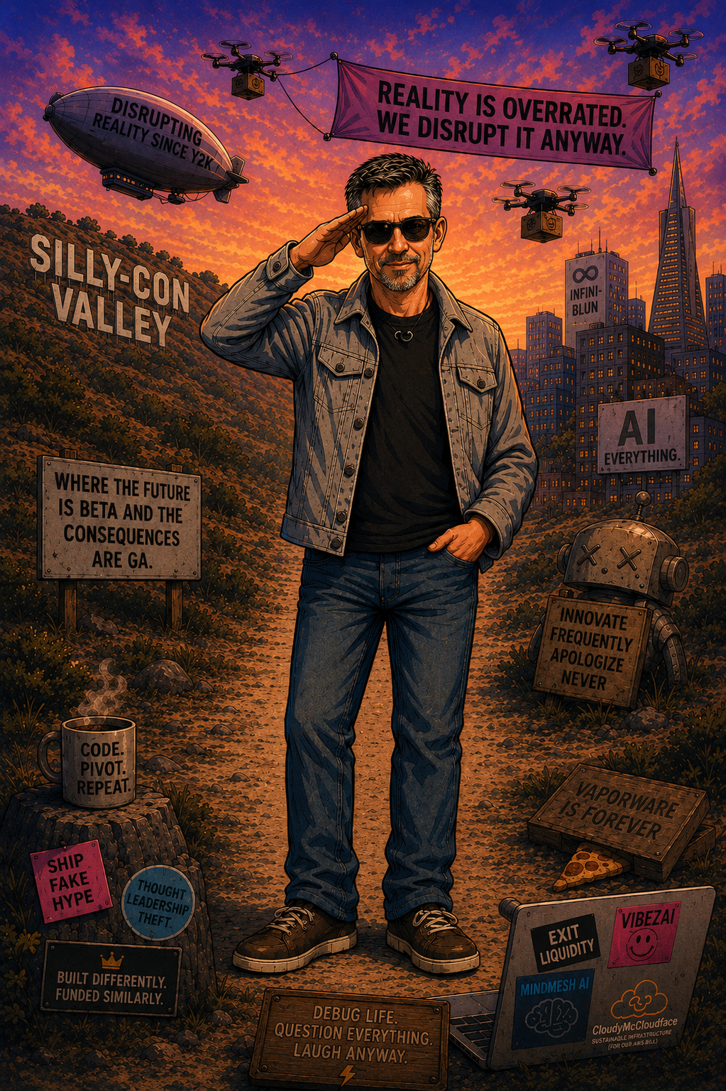 Cartoon man wearing sunglasses, standing on a dirt road at sunset, surrounded by signs with technology and innovation slogans, city skyline in background, and floating drones overhead.