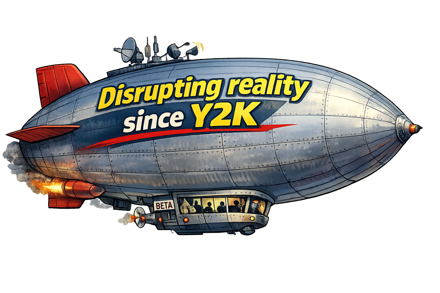 Illustration of a flying zeppelin airship with the text 'Disrupting reality since Y2K' on its side.
