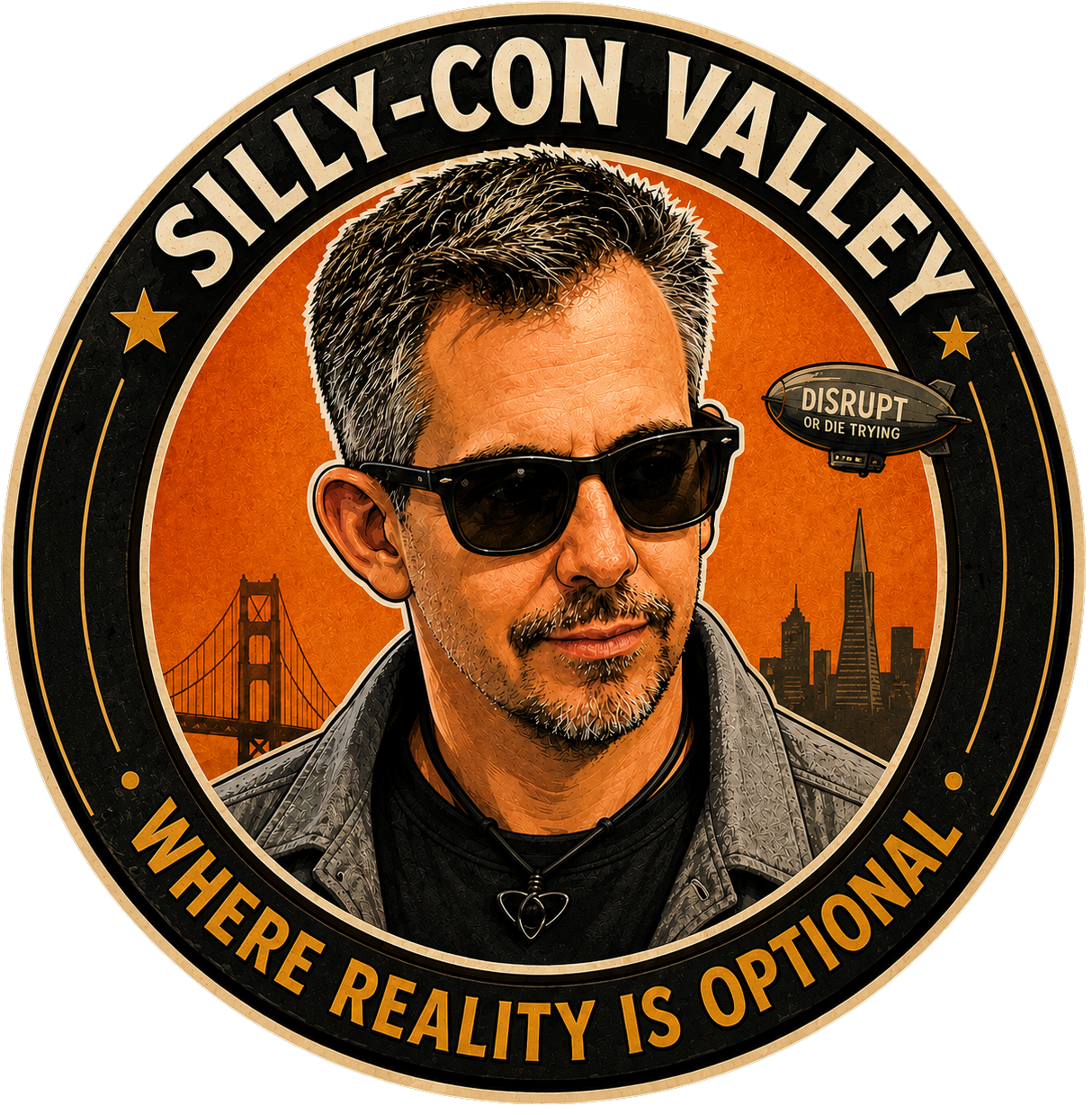 A digitally illustrated logo featuring a man with gray hair, sunglasses, and a goatee, set against an orange background with a silhouette of San Francisco's Golden Gate Bridge and the city skyline, with the text "Silky-Con Valley" and "Where Reality 